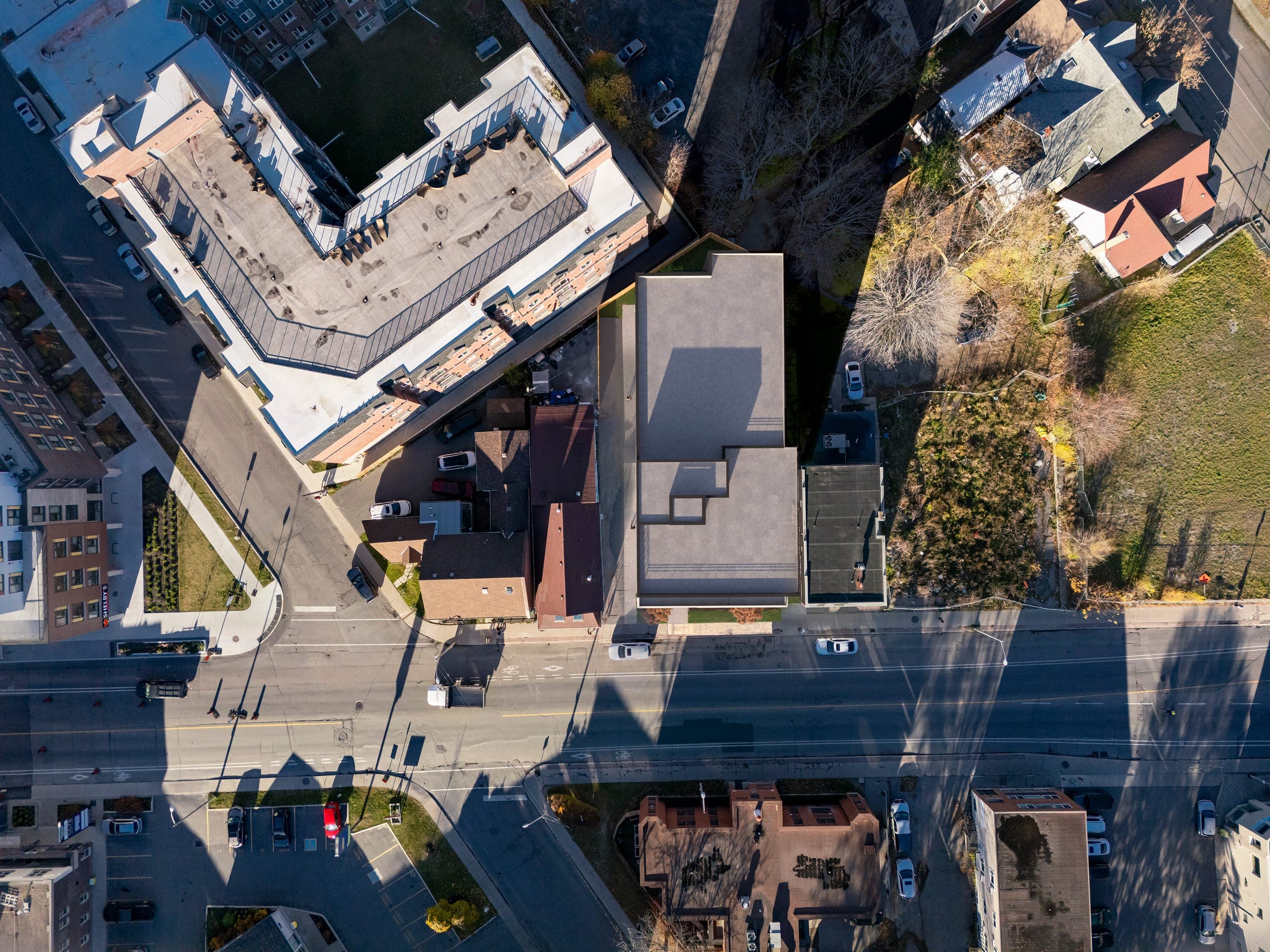 Drone view along Princess Street from above the site